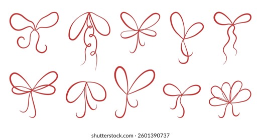 Hand drawn bows for decorating gifts, gift boxes, hair. Thin ribbons, ropes tied in bow. Cute sketches red bows and ribbons. Perfect for wedding invitations, holiday poster, greeting cards.