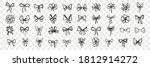Hand drawn bows doodle set. Collection of pen pencil drawing sketches of decorative birthday holiday ribbons isolated on transparent background. Illustration of wedding celebration decoration symbol.