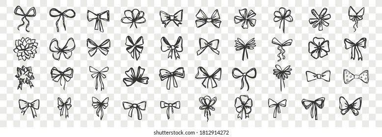 Hand drawn bows doodle set. Collection of pen pencil drawing sketches of decorative birthday holiday ribbons isolated on transparent background. Illustration of wedding celebration decoration symbol.