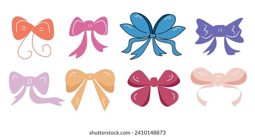 Hand drawn bows doodle set isolated on white background. Perfect for decorative festival, event, birthday, wedding party, or decoration of girl. Flat illustration of celebration decoration symbol.  
