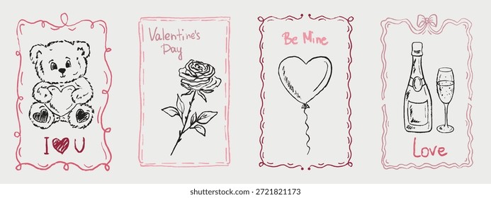 Arcos dibujados a mano con cordones. Tarjetas de felicitación del día de San Valentín, invitaciones de boda. Oso de peluche, rosa, globo de corazón y champán. Ilustración de boceto de Vector en estilo vintage de carbón de crayón