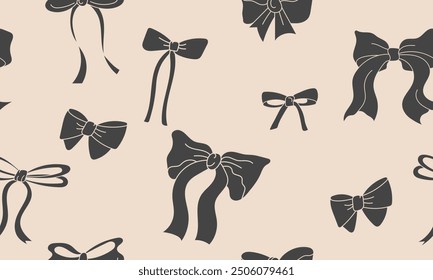 Hand drawn bows pattern. Cute black bow knots seamless pattern for holidays, greeting cards, print package. Vector illustration