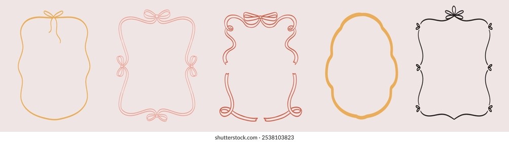 Hand drawn bows ribbons border illustration for printed media decoration. Vintage retro frames for greeting cards, wedding and birthday party, picnic invitations in cute elegant doodle line style.