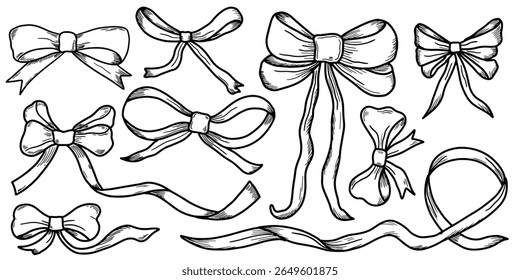 Hand drawn bows and ribbons doodle style vector set. silk bows for gifts, present knots and wrap pack isolated on white background