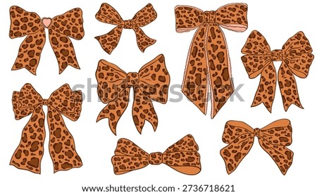 Hand drawn bows and ribbons with leopard pattern print. Coquette style bows drawing, aesthetic elegant girly ribbons. Vector holiday gift decoration, fashion, birthday elegant design elements