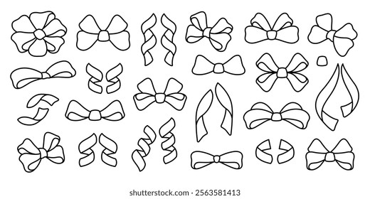 Hand drawn Bows and ribbons. Bows line icons set. Outline signs for decorations fashion design. Editable stroke. Vector illustration for party, wrapping presents, hair accessories. 