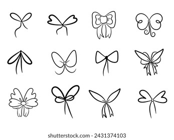 Hand drawn bows, ribbons and strings in the shape of a bow. Collection of vector bow doodles
