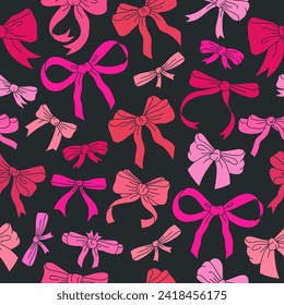 Hand drawn bows seamless pattern. Holidays gifts red and pink ribbon decoration seamless print, silk bow-knot for gift boxes flat vector background illustration. Cartoon bows endless pattern