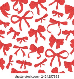 Hand drawn bows seamless pattern. Birthday gifts bow decoration backdrop, silk bow-knots for holidays gift boxes flat vector background illustration. Cartoon bows endless design