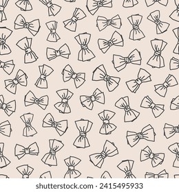 Hand drawn, bows seamless repeat pattern. Random placed, vector ribbon accessoires outlines aop all over surface print on beige background.