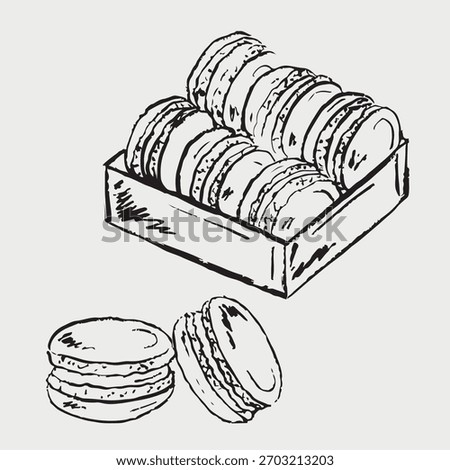 Hand drawn box of assorted macarons with two pastries in foreground. Vector sketch illustration in vintage crayon charcoal style. Confectionery, gift box, sweet dessert