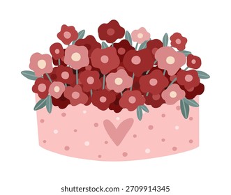 Caixa desenhada à mão de flores com flores vermelhas e cor-de-rosa em um estilo bonito mínimo. Perfeito para desenhos, adesivos, cartões, cartazes e ilustrações românticas do Dia dos Namorados.