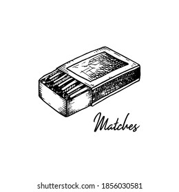 Hand drawn box with matches isolated on white background. Vector illustration in sketch sty