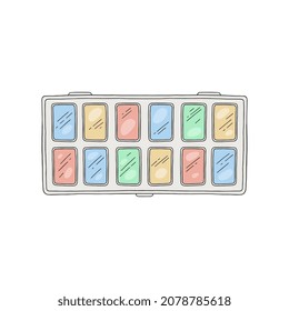 Hand drawn box with set of colored watercolor paints for school. Vector illustration of stationery for study. Set for creativity.