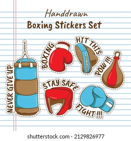 Hand drawn Boxing Equipment Stickers with lined notebook paper as Background