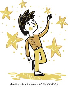Hand Drawn Boy admiring the stars in Yellow