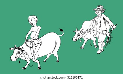 hand drawn boy, cattle and farmer on green background