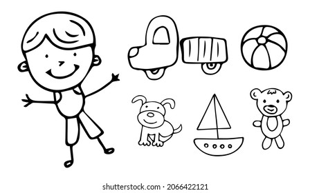 Hand drawn boy with childish elements ball, car, bear, dog and boat. Baby icons in doodle style. Vector line illustration.