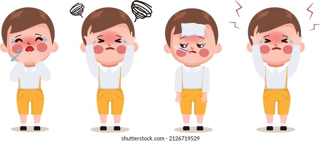 Hand drawn boy children student symptom of covid-19 character.