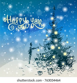 Hand drawn the boy decorates the Christmas tree on blue background. Happy New Year. Template for greeting card, postcard.