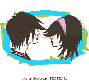 Hand drawn Boy and Girl with bangs closes eyes facing each other - Anime Style