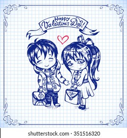 Hand Drawn Boy and Girl in Chibi Style and Decorative Ribbon with "Happy Valentine's Day!" Hand Written Inscription on Notebook Sheet in a Cage Background. Cute Holiday Illustration in Vector.