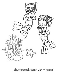 Hand drawn boy and girl diving under the ocean. Vector illustration on white background