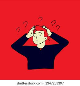 hand drawn boy have many question flat pop art design style vector illustration