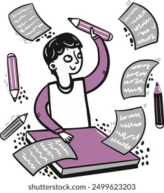 Hand Drawn boy holding up a pencil and papers flying everywhere