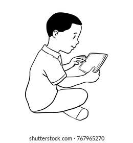 Hand drawn Boy holding Tablet, sitting on floor, Isolated on white background. Black and White simple line Vector Illustration for Coloring Book - Line Drawn Vector Illustration.