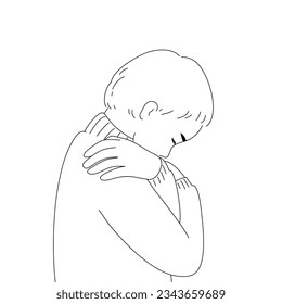 Hand drawn a boy hugging self, black and white outline vector.