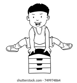 Hand drawn Boy Jumping Gymnastic Buck, Cartoon with Victory sign, Isolated on white background. Black and White simple line Vector Illustration for Coloring Book - Line Drawn Vector Illustration.