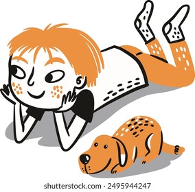 Hand Drawn boy on the floor with a dog