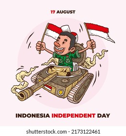 Hand drawn boy riding a tank in indonesia independent day illustration