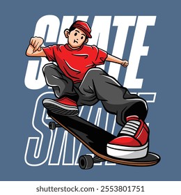 Hand drawn boy skateboarding cartoon comic illustration