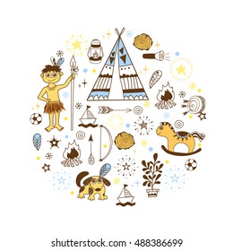 Hand drawn boy toys round illustration.