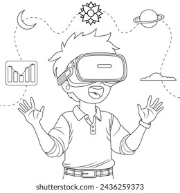 Hand drawn boy using virtual reality coloring book illustration