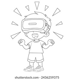 Hand drawn boy using virtual reality coloring book illustration