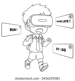 Niño dibujado a mano usando la ilustración del libro de colorear de la realidad virtual