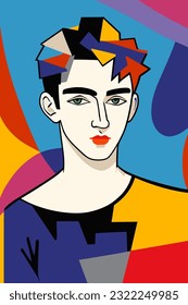 Hand drawn boy vector pattern in Matisse style modern portrait to decorate print wall art, colorful abstraction in cubist and impressionist style