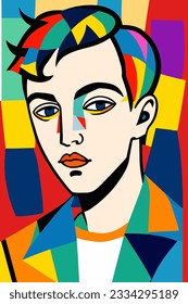 Hand drawn boy vector pattern in Matisse style modern portrait to decorate print wall art, colorful abstraction in cubist and impressionist style