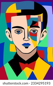 Hand drawn boy vector pattern in Matisse style modern portrait to decorate print wall art, colorful abstraction in cubist and impressionist style