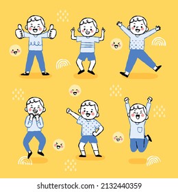 hand drawn boy very happy in various actions, excited, smile