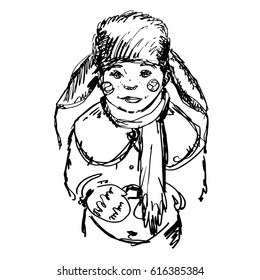 Hand drawn boy in winter clothes, coat and hat with ear flaps, scarf, mittens, schoolbag. Sketch with child in vintage style. Freckles on face. Vector.