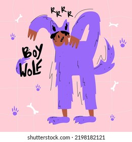 Hand Drawn Boy In Wolf Costume For Halloween