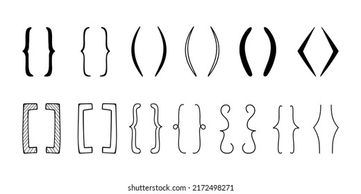 Hand drawn bracket. Brackets icons set. Curly braces, square and corner parentheses. punctuation shapes for messages and quotation. Communication symbols. Graphic design elements vector isolated set
