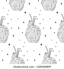 Hand Drawn brain with a cocktail card. Illustrations Drawing Vector Sketch for textile, print, postcard, text, invitation, poster, background, book, t-shirt, wallpaper
