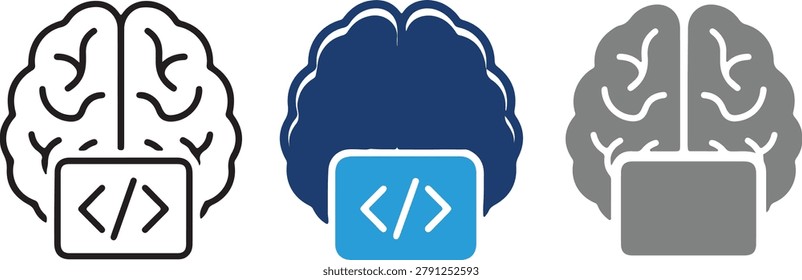 Hand drawn brain icon with coding symbol, vector illustration of artificial intelligence and programming concept, isolated on transparent background, set of 3 - Powered by Shutterstock - Get 15% off with code: PIKWIZARD15