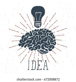 Hand Drawn Brain with "Idea" Lettering and Light Bulb. Vector illustration