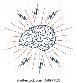 Hand Drawn Brain Lightning Bolts. Vector Illustration